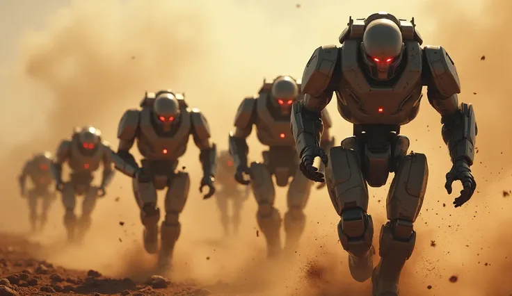 realistic, hd, cinematic. A group of robotic soldiers charging forward, their glowing red eyes locked onto the target, dust and sparks flying, intense sci-fi action. Wide shot from the front, slight shake effect to amplify the intensity.