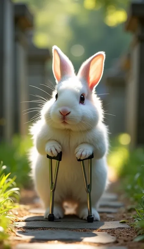 A fluffy, white rabbit stands confidently on a sunlit, winding path between gravestones, gripping crutches with its front paws. The rabbit's ears perk up attentively as it gazes forward, its small black eyes reflecting determination. The soft, textured fur...