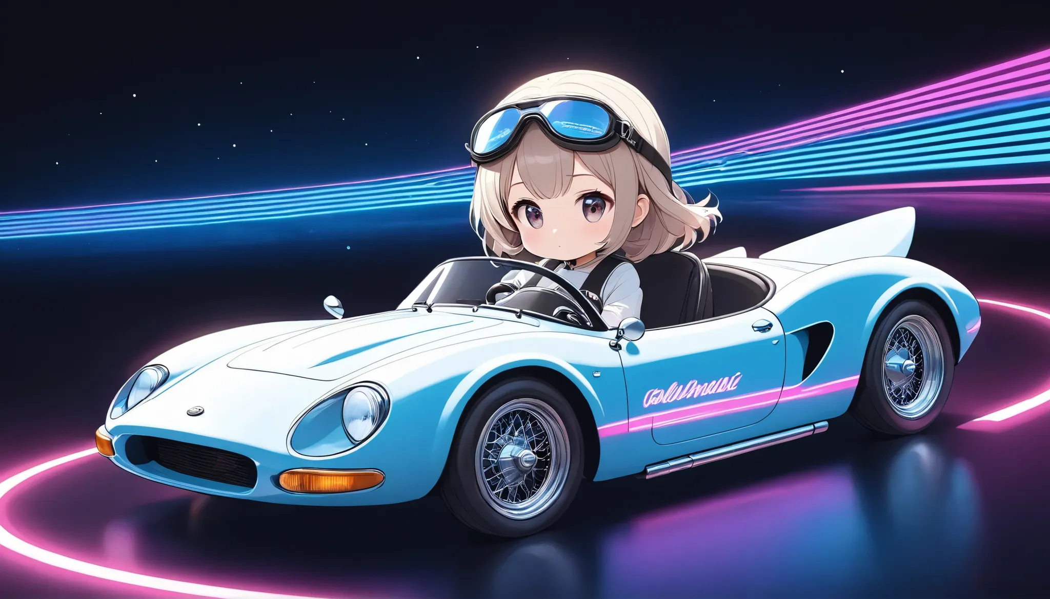 a girl driving a vintage sports car, Alone, dolshy, Circuit course drawn by neon speed lines, Written with an illumination pen, Aesthetic space background, 