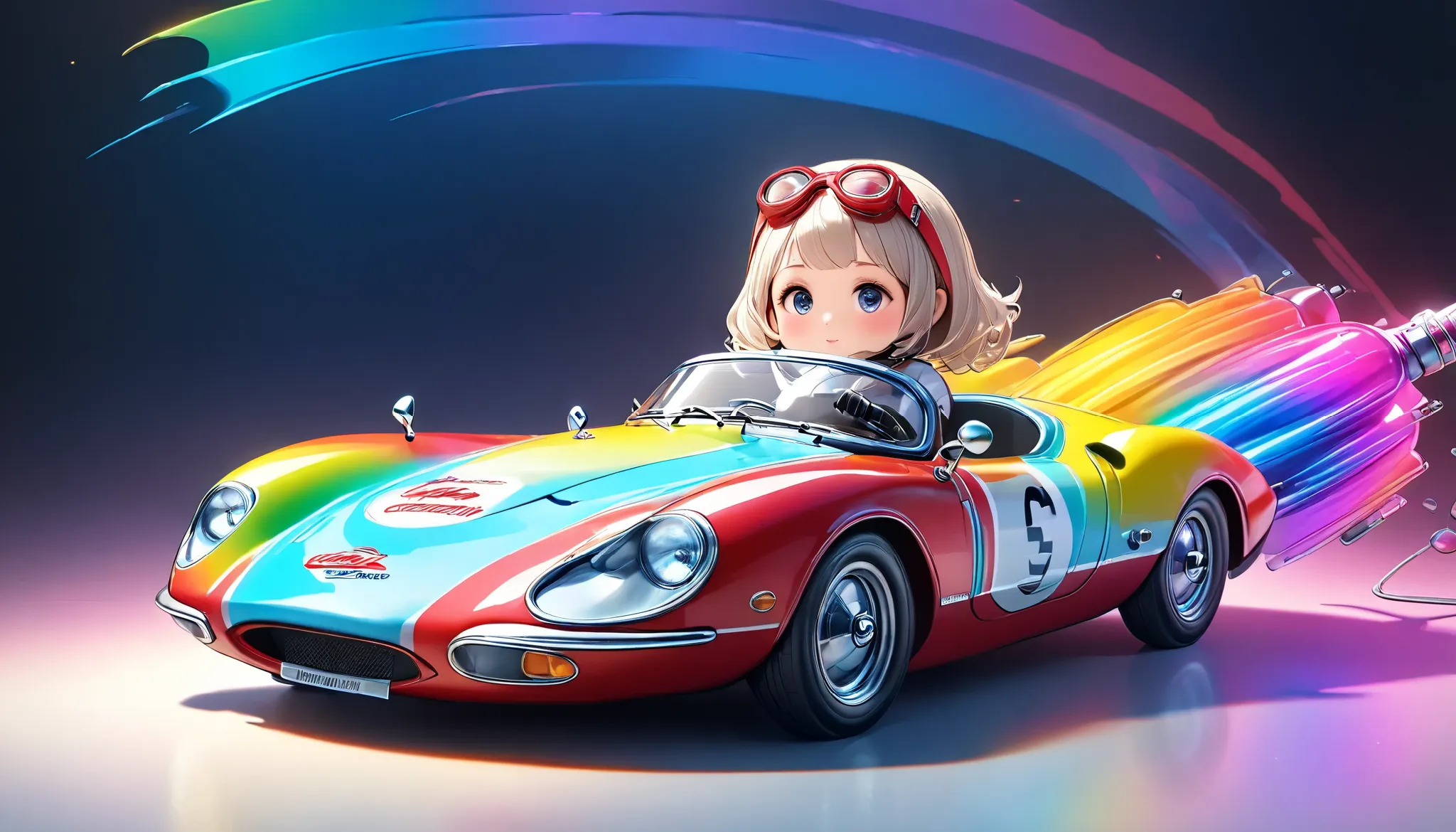 a girl driving a vintage sports car, Alone, dolshy, Professional drivers, excellent driving skills,  BREAK burgundy vintage car ,  there are a lot of wine bottles stuck into the car body, 50 years ago hit year ,  circuit course drawn by neon speed lines , ...