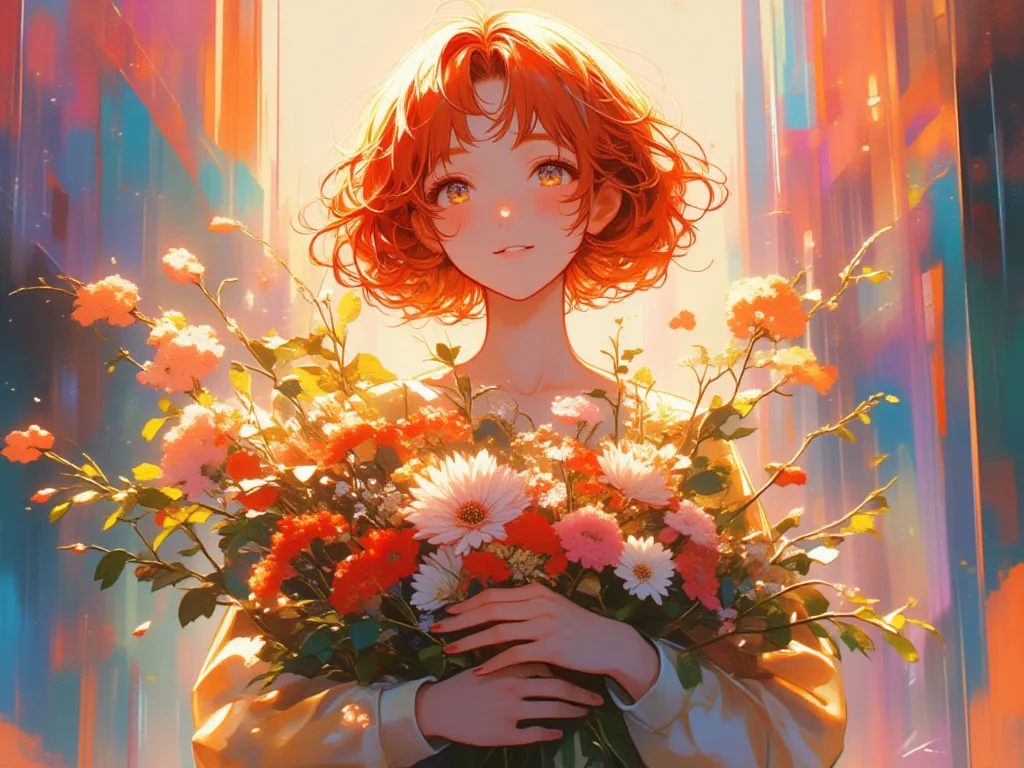  1 girl, solo,  Lovely red short haired girl is holding a bouquet of flowers in her hands, Color with movement in the background , 16k,  high definition, high detail,  high definitionモデル, 