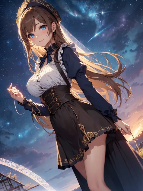 top-quality、Top image quality、​masterpiece、S((18 year old、Best Bust、big bust、Bust 90,Beautiful blue eyes、,Brown hair long hair、A slender、a closeup、Esbian、gothic style maid outfit、pinafore、hiquality、Beautiful Art、Background with((starrysky)))masterpiece、vis...