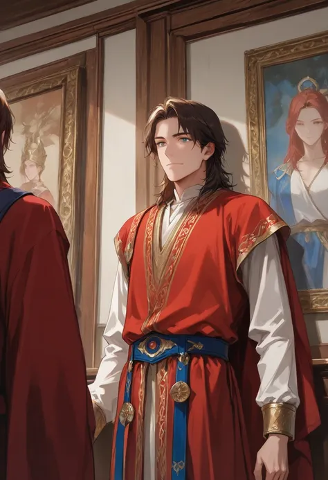 ((Extreme detail)),( super high resolution),(Painting), ( dynamic angle),,  Highly Detailed CG Unity 8K Wallpaper, A man wearing a red robe and a blue belt,  A handsome prince of Rome ,  With an oriental smile,   , Young Greek,  image of a male clergyman ,...