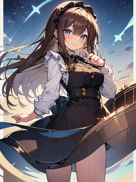 top-quality、Top image quality、​masterpiece、S((18 year old、Best Bust、big bust、Bust 90,Beautiful blue eyes、,Brown hair long hair、A slender、a closeup、Esbian、gothic style maid outfit、pinafore、hiquality、Beautiful Art、Background with((starrysky)))masterpiece、vis...