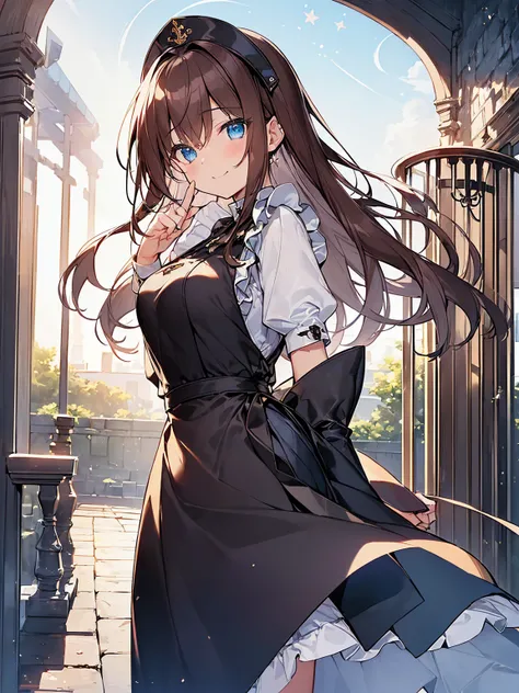 top-quality、Top image quality、​masterpiece、S((18 year old、Best Bust、big bust、Bust 90,Beautiful blue eyes、,Brown hair long hair、A slender、a closeup、Esbian、gothic style maid outfit、pinafore、hiquality、Beautiful Art、Background with((starrysky)))masterpiece、vis...