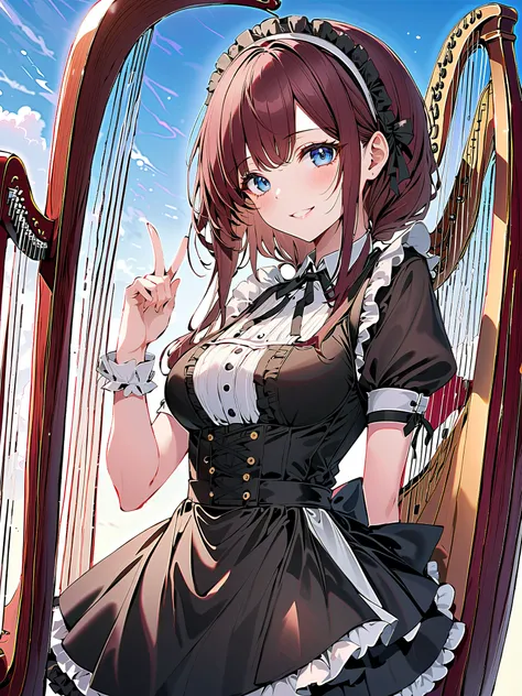 top-quality、Top image quality、​masterpiece、S((18 year old、Best Bust、big bust、Bust 90,Beautiful blue eyes、,Brown hair long hair、A slender、a closeup、Esbian、gothic style maid outfit、pinafore、hiquality、Beautiful Art、Background with((starrysky)))masterpiece、vis...