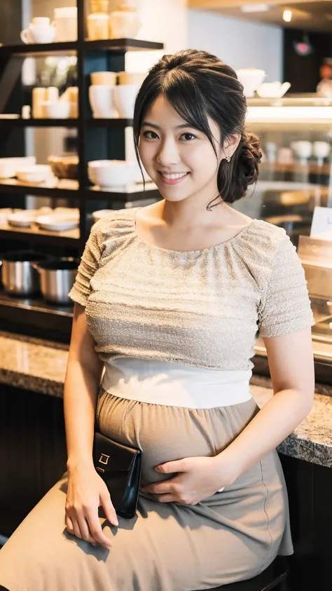 masterpiece, Best Quality, 8K,looking at the viewer,Japanese Lady,20 years old, huge pregnant, Voluptuous, coffee shop background, plain peplum shirt, midi skirt, chignon hair, smile, sitting 