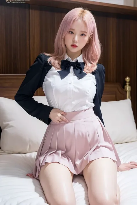  masterpiece,  high resolution, Ultra  high resolution, 4K, Chubby,  Crown Blade ,  Navy Blue Pleated Skirt ,   White dress shirt  , Long sleeves, Bow tie,Highlighted thighs , White thighs,  Smooth thighs , Shining thighs, bedroom,  face to face angle ,  A...