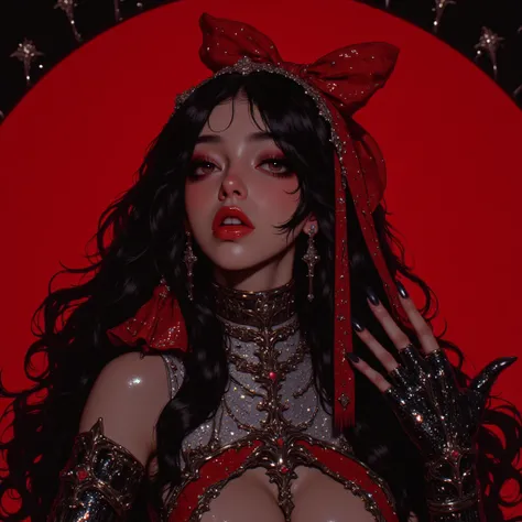 8k, masterpiece, highest quality,  Korea's Beautiful Women, Close-up, low-angle, long dark wavy hair, red velvet bow, rhinestones, sleeveless Silver sequined dress, black lace gloves, dramatic makeup, bold red lips, serious alluring expression, large curve...