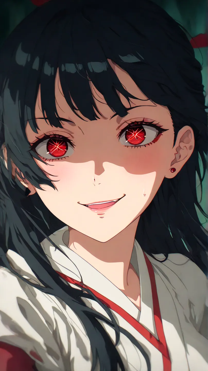 "A woman with long black hair and a wide, eerie smile, wearing a white uniform with red accents and a high collar. She stands in a dark environment with greenish lighting, creating a mysterious atmosphere. Her face exudes a creepy yet alluring expression, ...