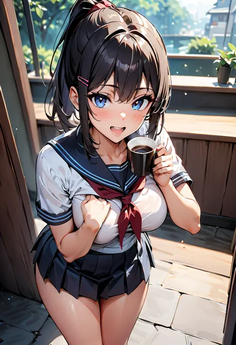 Commemorative photo of a girl ,  1 girl,   black hair, chiponytail，  hair clip,   girl,   uniforms ,  sailor suit, Cafe:1.2, , Coffee cup in hand:1.4,  cheeky face,  girl with slightly open mouth ,   Light and Shadow with Attention to Details,   Background...