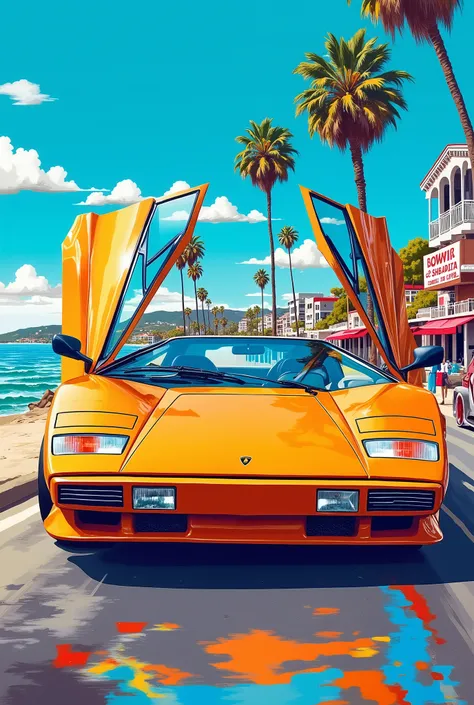 Suzuki Hideto's painting style 、 Lamborghini Countach、 gull wing、California Santa Monica coastline