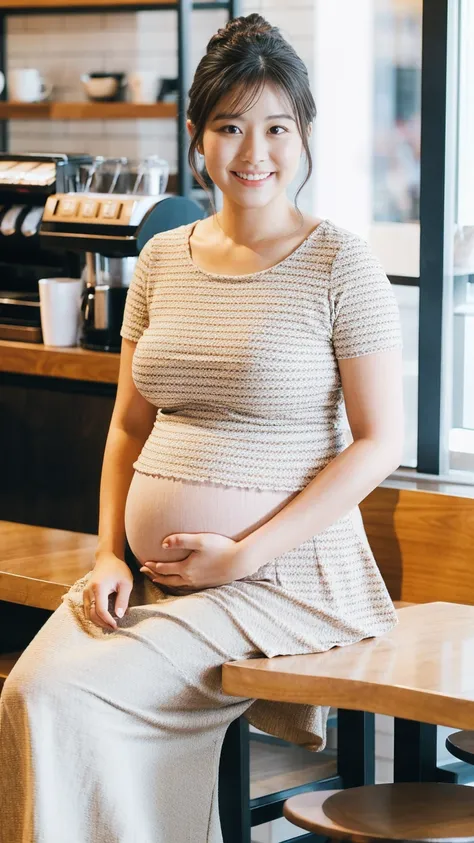 masterpiece, Best Quality, 8K,looking at the viewer,Japanese Lady,20 years old, huge pregnant, Voluptuous, coffee shop background, plain peplum shirt, midi skirt, chignon hair, smile, sitting 