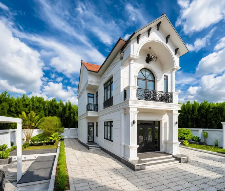 Masterpiece, high quality, best quality, authentic, super detail, outdoors, house style modern,bietthuhn, white wall, glass windows, gate road,pavement, grass, trees,blue sky, cloud, (day:1.1), realistic lighting,photography expert ,exterior design , profe...