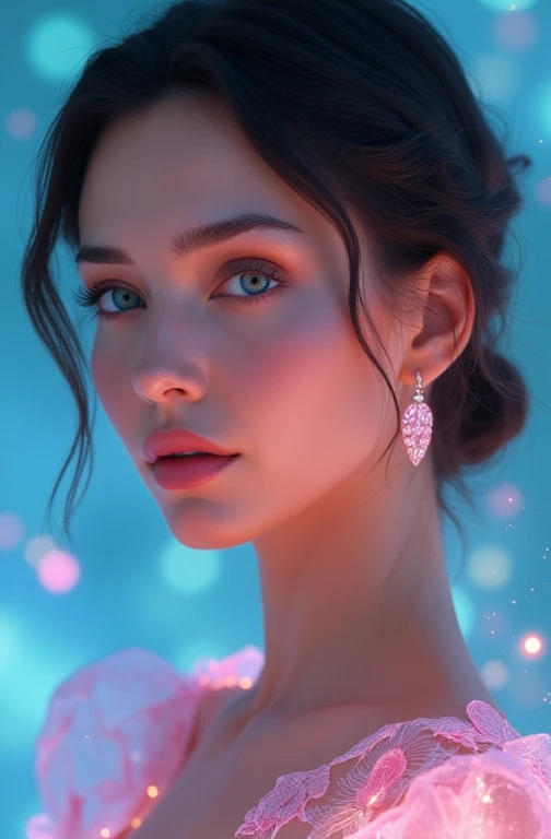 A hyper-realistic digital painting of a stunningly beautiful woman with glowing, radiant skin that appears luminous and flawless. She has piercing, vibrant turquoise eyes with a captivating gaze, framed by thick, voluminous lashes and perfectly arched eyeb...