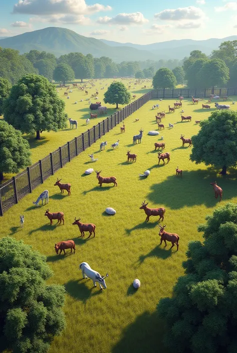 A very very very very big fenced animal reserve containing cows, deer, donkeys, sheep, trees and grass.