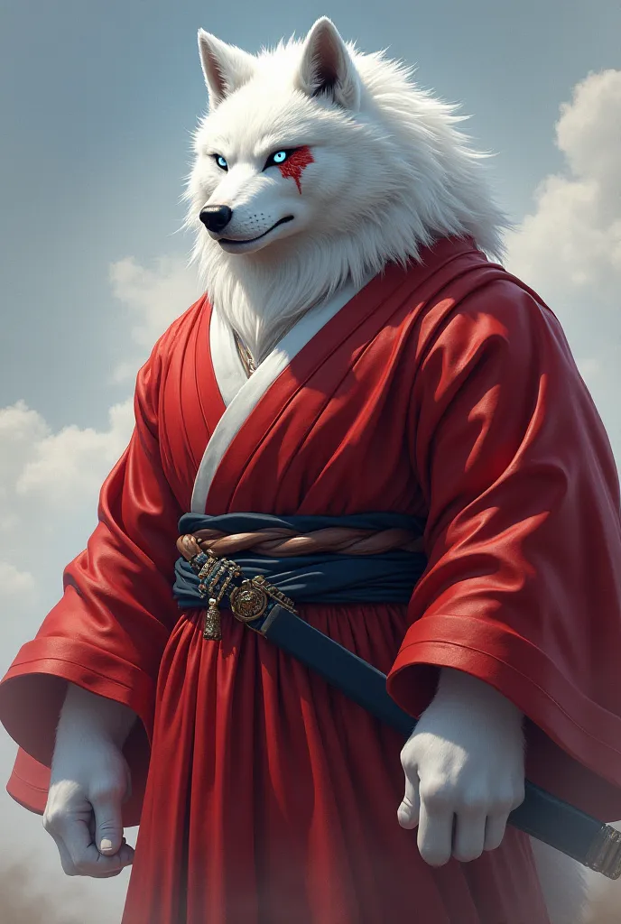 Furry wolf male muscular build height 2.4 meters, white fur, has a scar on his left eye, eye color crystal clear blue, dressed in a red closed kimono. Kemono style