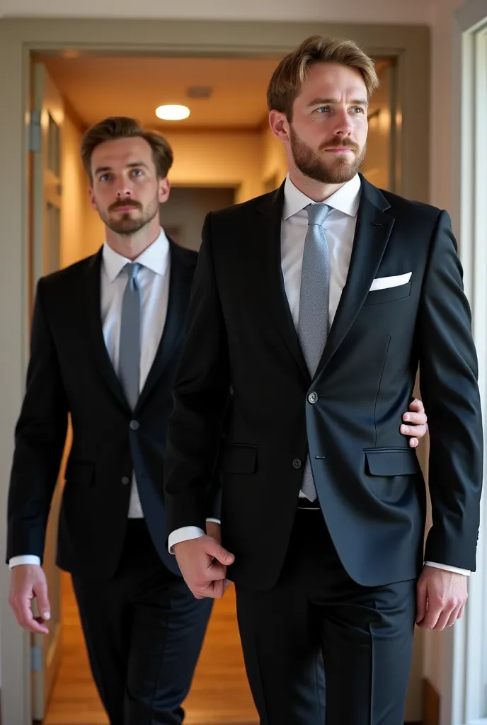 Handsome mature Norwegian with shoulder-length hair and thin beard dressed in a black groom's suit with a white shirt and gray tie holding a handsome young white man with short blond hair with a budding beard dressed in a black bridal suit with a white shi...