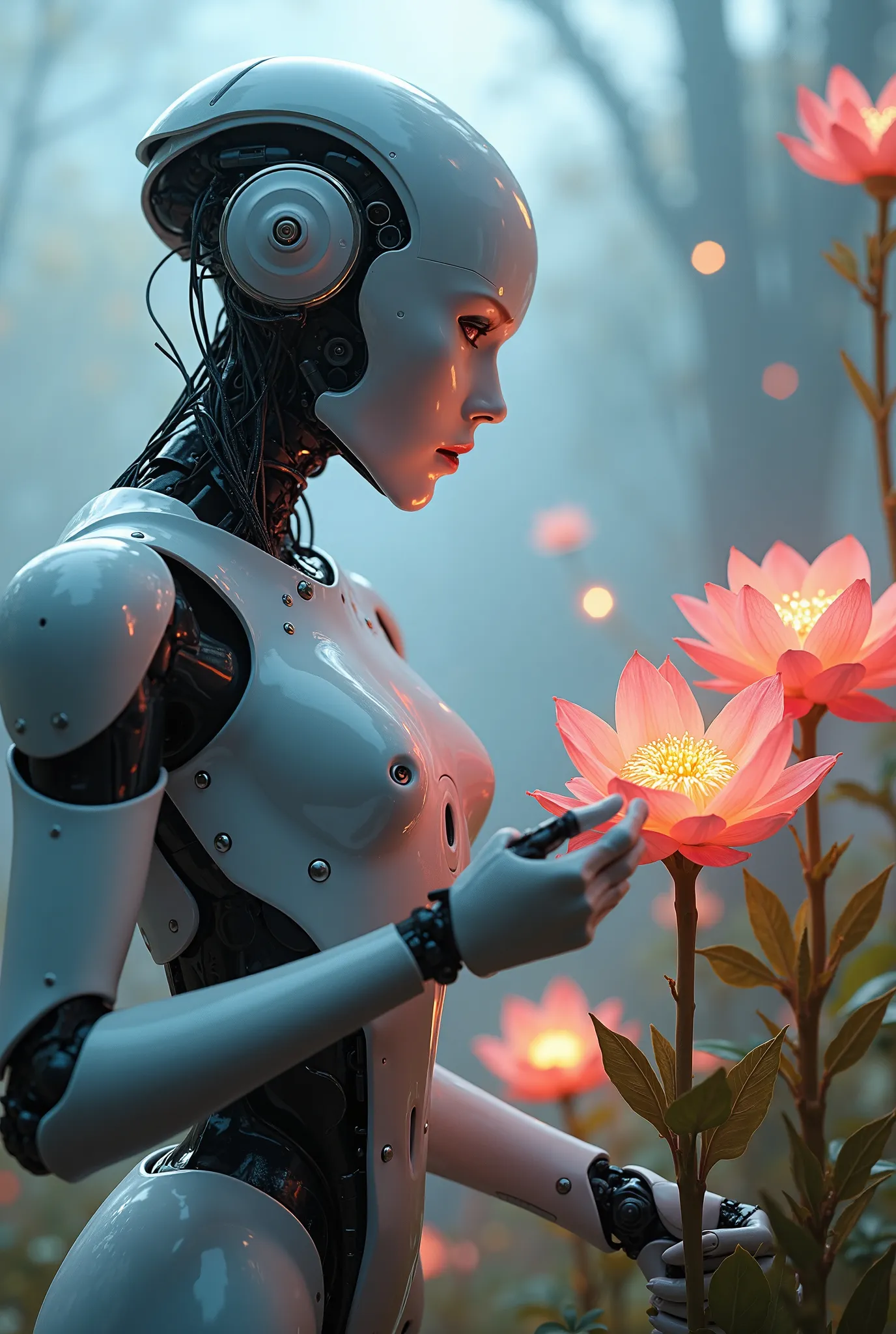 "A robot with sleek metallic features tending a garden of robotic flowers that emit soft light."