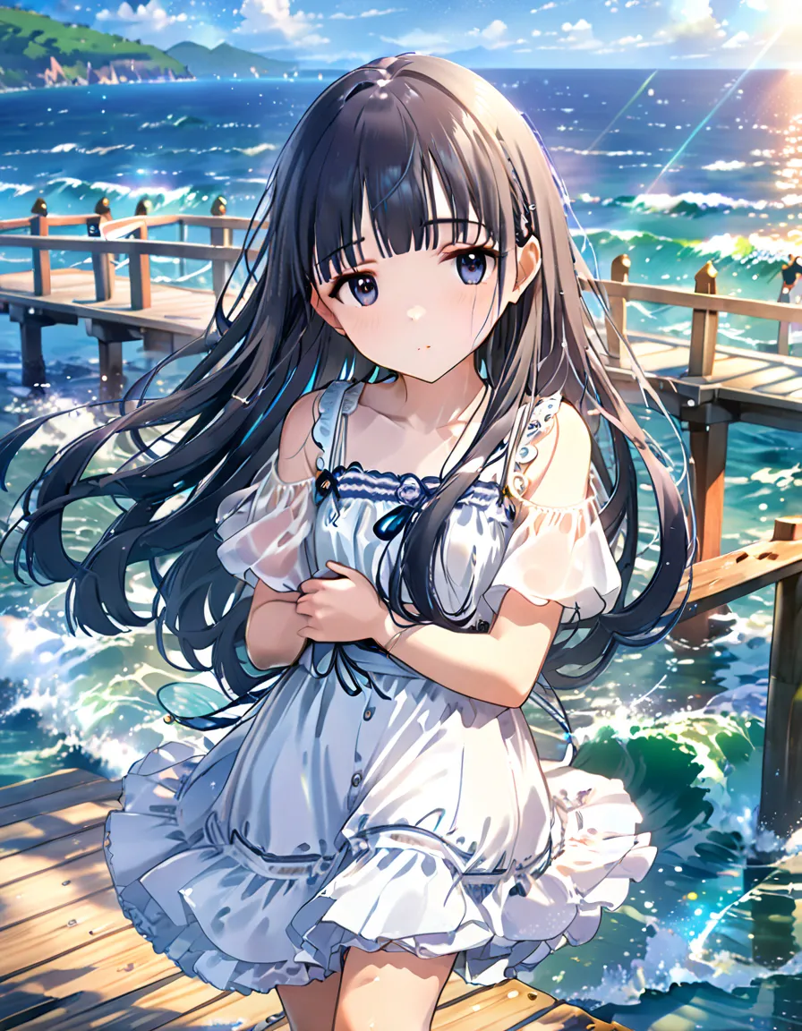 ( masterpiece,  best quality:1.2),  Illustration of , Anime, ( wide shot),  model shooting,  1 girl, ( under the arm),  long dark hair, blue  ocean  eyes,  cute lips,  beautiful face,  beautiful eyes,  white sundress,  backlight, Standing on the pier, ( oc...