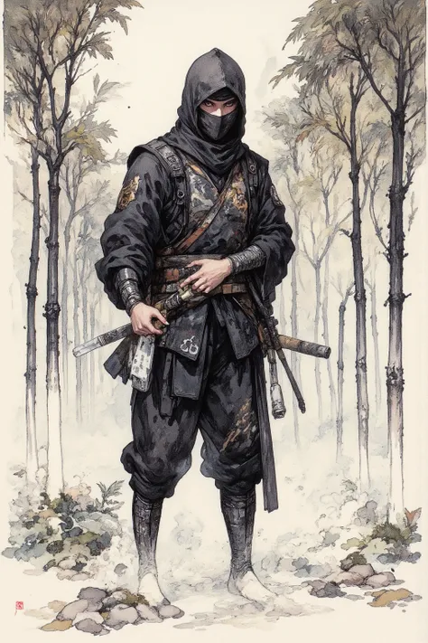  There are ninja Sumi paintings in the bamboo grove , scarf（忍びscarf) Completely Hide Your Head 、 Prevent identity or occupation from being specified,  Black Ninja Costume ,  Wear Hand Armor and Leg Bonds ,  in a moving pose（ jump up and down),knife, ink ma...