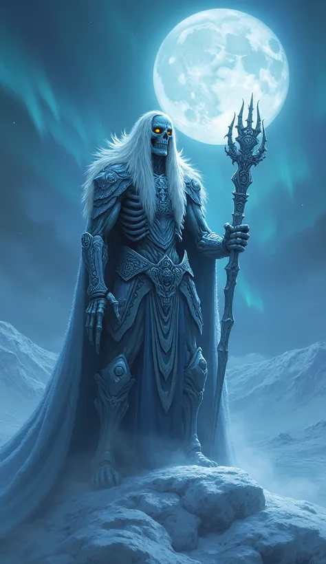 "A skeletal vampire king, his ice-covered armor engraved with runes from lost civilizations, standing atop a frozen glacier beneath an eternal moonlit sky. His translucent blue skin shimmers like ice, and his piercing silver eyes glow with an unnatural hun...