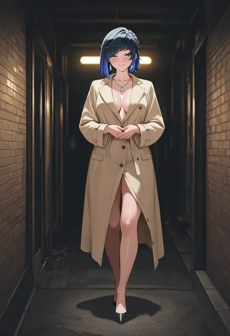 a beautiful woman only wearing a skimpy revealing (beige) overcoat while being completely naked inside, the overcoat is loosely buttoned barely covering her tits, she is holding the overcoat closed with her hands, visible cleavage, she is standing on a lon...