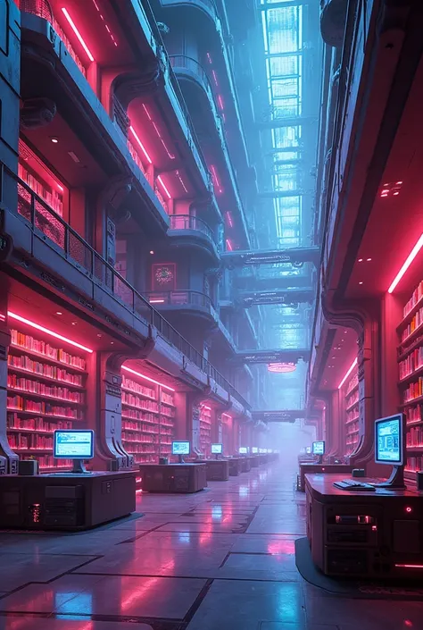  sci-fi RGB Glowing, Cyberpunk, a futuristic libraryscape in background, aesthetic, epic, cinematic colour grading.