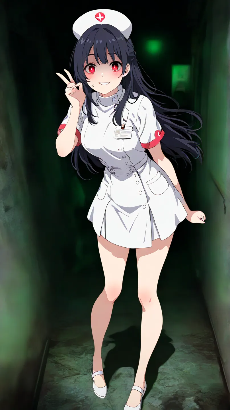 "A woman with long black hair and a wide, full body, nurse uniform, yandere smile, eerie smile, wearing a white uniform with red accents and a high collar. She stands in a dark environment with greenish lighting, creating a mysterious atmosphere. Her face ...