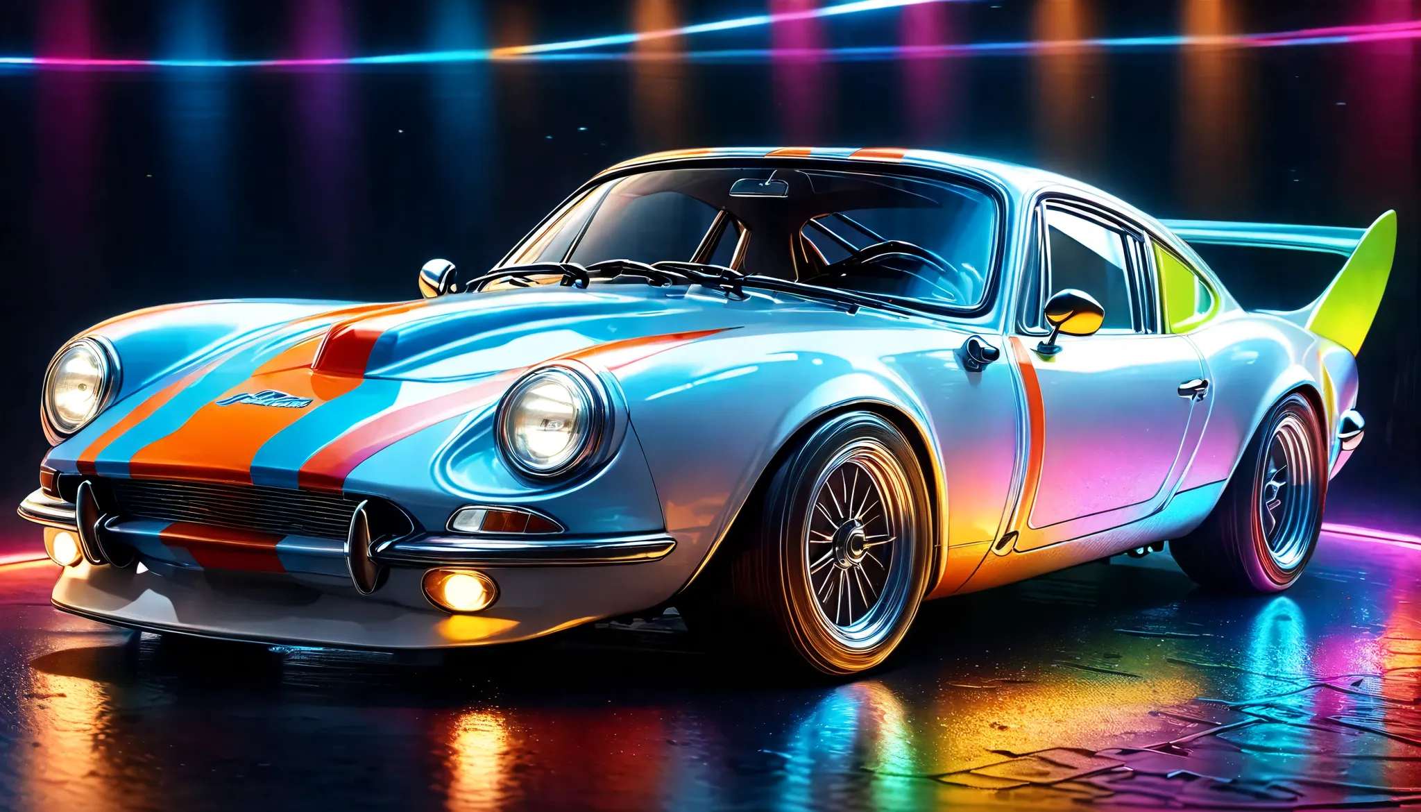 a girl driving a vintage sports car, Alone, dolshy, Circuit course drawn by neon speed lines, Written with an illumination pen, Aesthetic space background, cinematic lighting, vibrant colors, intricate background details, (Highest Quality, 4K, 8k, High Res...