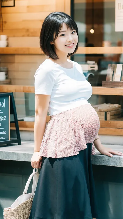 masterpiece, Best Quality, 8K,looking at the viewer,Japanese Lady,20 years old, huge pregnant, Voluptuous, coffee shop background, plain peplum shirt, midi skirt, short bob hair, smile, sitting 