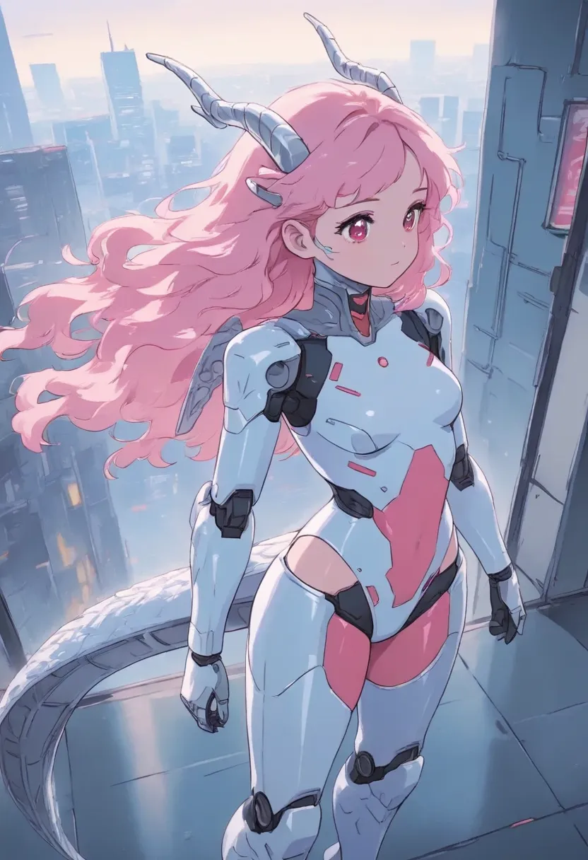 Beautiful fine silver dragon, one girl, small breasts, beautiful and delicate eyes, beautiful and delicate pink hair, wavy hair, mecha costume, robot girl, mechanical cyberpunk wings, background of the city sky, a dragon standing behind the girl, rainy day...