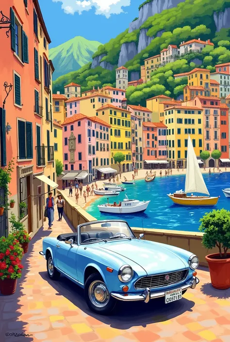 Suzuki Hideto's painting style 、 Fiat 124 Spider、Amalfi coastline