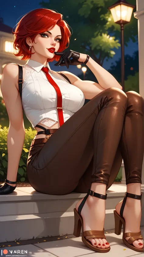 sexy Vanessa , UHD,  red hair,  white blouse, brown pants with straps,  leather gloves , Red lips,  brown sandals ,  in a park,  at night,  of foot, pose sexy,  of foot, 