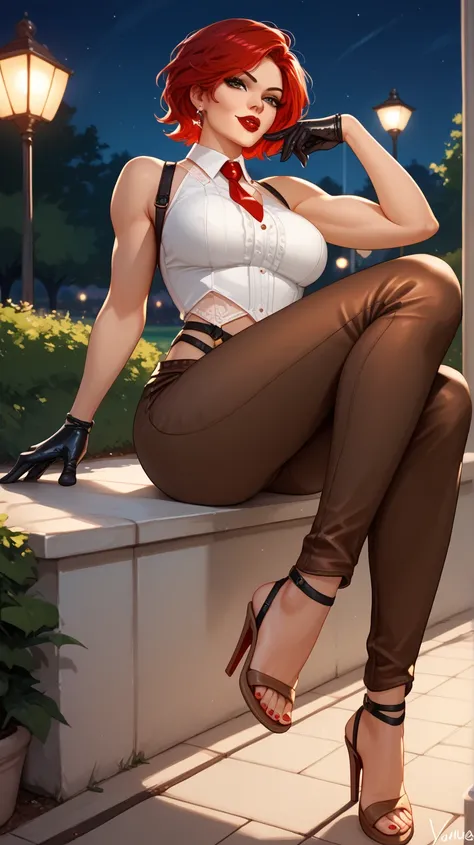 sexy Vanessa , UHD,  red hair,  white blouse, brown pants with straps,  leather gloves , Red lips,  brown sandals ,  in a park,  at night,  of foot, pose sexy,  of foot, 