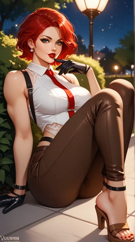 sexy Vanessa , UHD,  red hair,  white blouse, brown pants with straps,  leather gloves , Red lips,  brown sandals ,  in a park,  at night,  of foot, pose sexy,  of foot, 