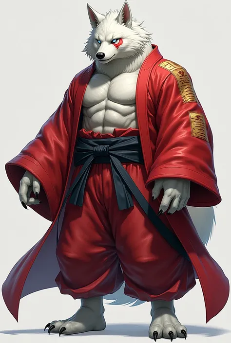 Furry wolf male muscular build height 2.4 meters, white fur, has a scar on his left eye, eye color crystal clear blue, dressed in a red closed kimono. Kemono style, solo, Острые уши, пять пальцев 