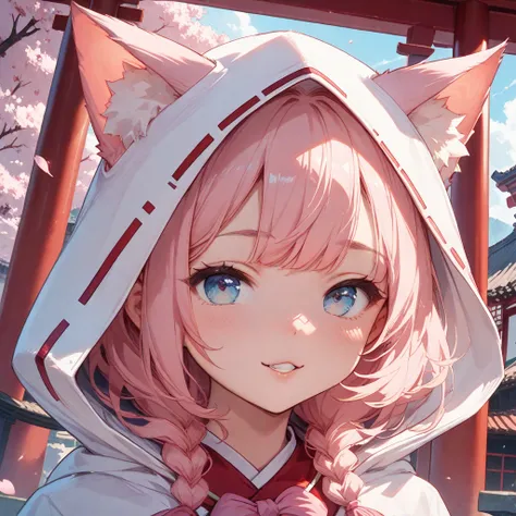  one girl 、Cat ears、Refer to the image、 hooded 、The hood is covered up to about the forehead、Cool image、 shrine maiden、 hair is pink、The costume is white and pink、 is facing the front、