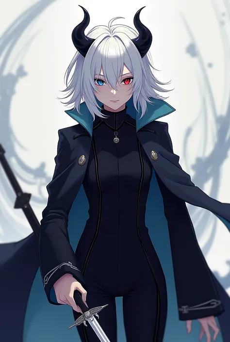 Create an anime image with white hair, one eye blue and the other red with black horns and a black outfit holding a sword. 