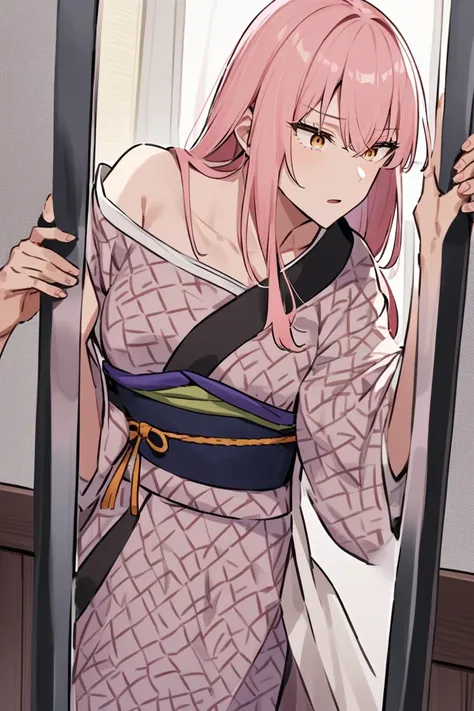 Megurine Luca with long pink hair in just a little bit off the shoulder traditional Japanese patterned kimono, trying to get out of an mirror, she is facing the front