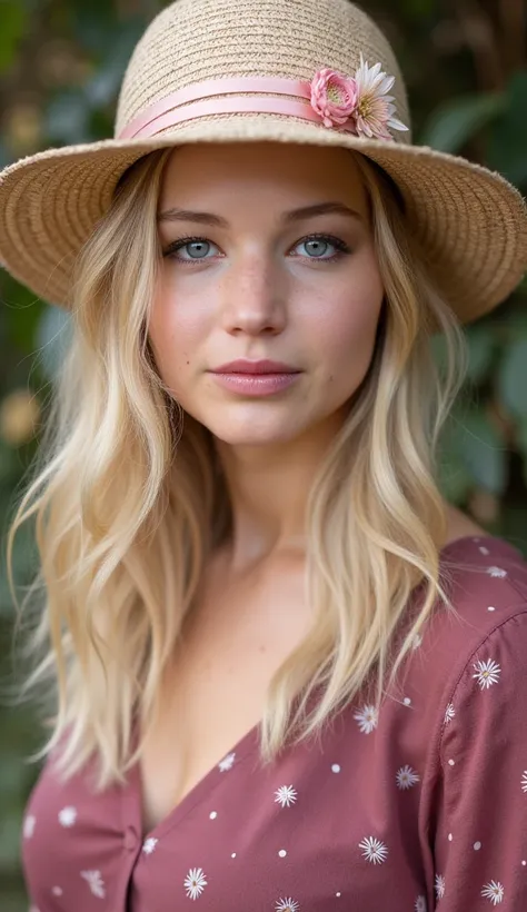 Close-up portrait of a young woman, ohwx, likely in her late teens or early twenties, with light blonde hair.  She wears a light beige straw hat with a delicate pink ribbon and a small, light pink flower embellishment.  A casual, v-neck, loose-fitting maro...