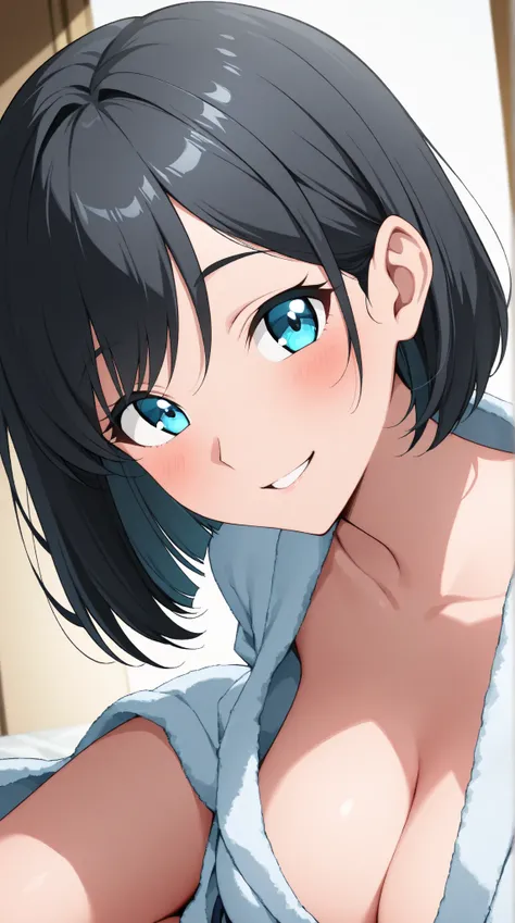  bathrobe,  slender,  female in her 20s、(Big Breasts : 0.5),　 Cute Hairstyle ,  black hair、 Cute bob cut、 Inward curl,  up to about half of the thigh 、 seductive pose ,  ( A woman enjoying a relaxing time :1.5)、  the soft lighting is sexy  .  spend time lo...