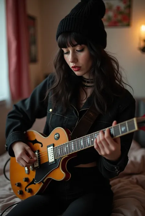 Girl, solo, beanie, goth makeup, goth lipstick, goth jacket, goth pants, holding a vintage guitar, playing instrument in her bedroom