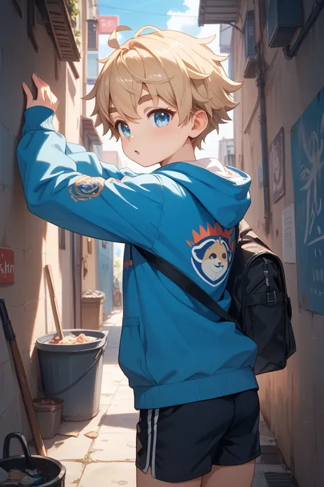 Adorable  boy is standing in an alley。The appearance of a cute  boy is very neutral with short blond hair and long eyelashes。Slightly thick eyebrows。The appearance of a cute  boy with his hands on the wall 、Postures that stick your butt out backwards。Blue ...