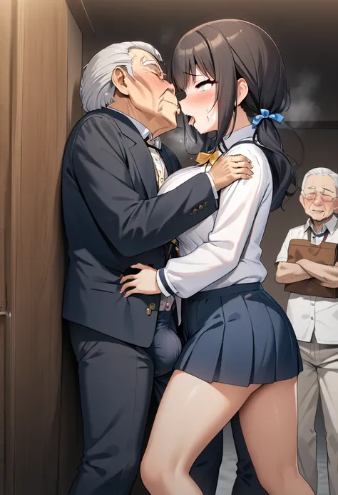 ( masterpiece , top quality:1.2),  1 girl and an elderly gentleman ,  two people hugging and kissing ,  expressive eyes , college den ,  straight hair,  dark haired twintails , ((( perfect face girl))), Big Breasts Female College Student ,  white blouse , ...