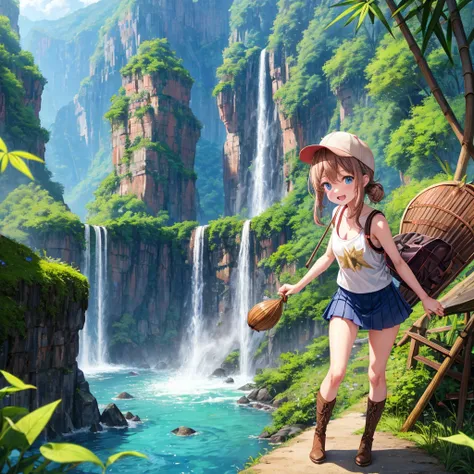 pink brown brown gold hair、  blue eyes、  Has hair tied  、Two cute people、  check mini skirt、  black t-shirt、 Light clothing、  tank top、  camisole、 high socks、 Boots、 teeth inside、  The Road Is Crooked 、Mountain々、Stick together  、 bamboo forest、 chest pocke...