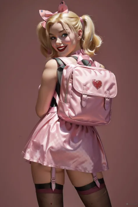  blonde Harley Quinn erotic pose, in pink costume and square backpack