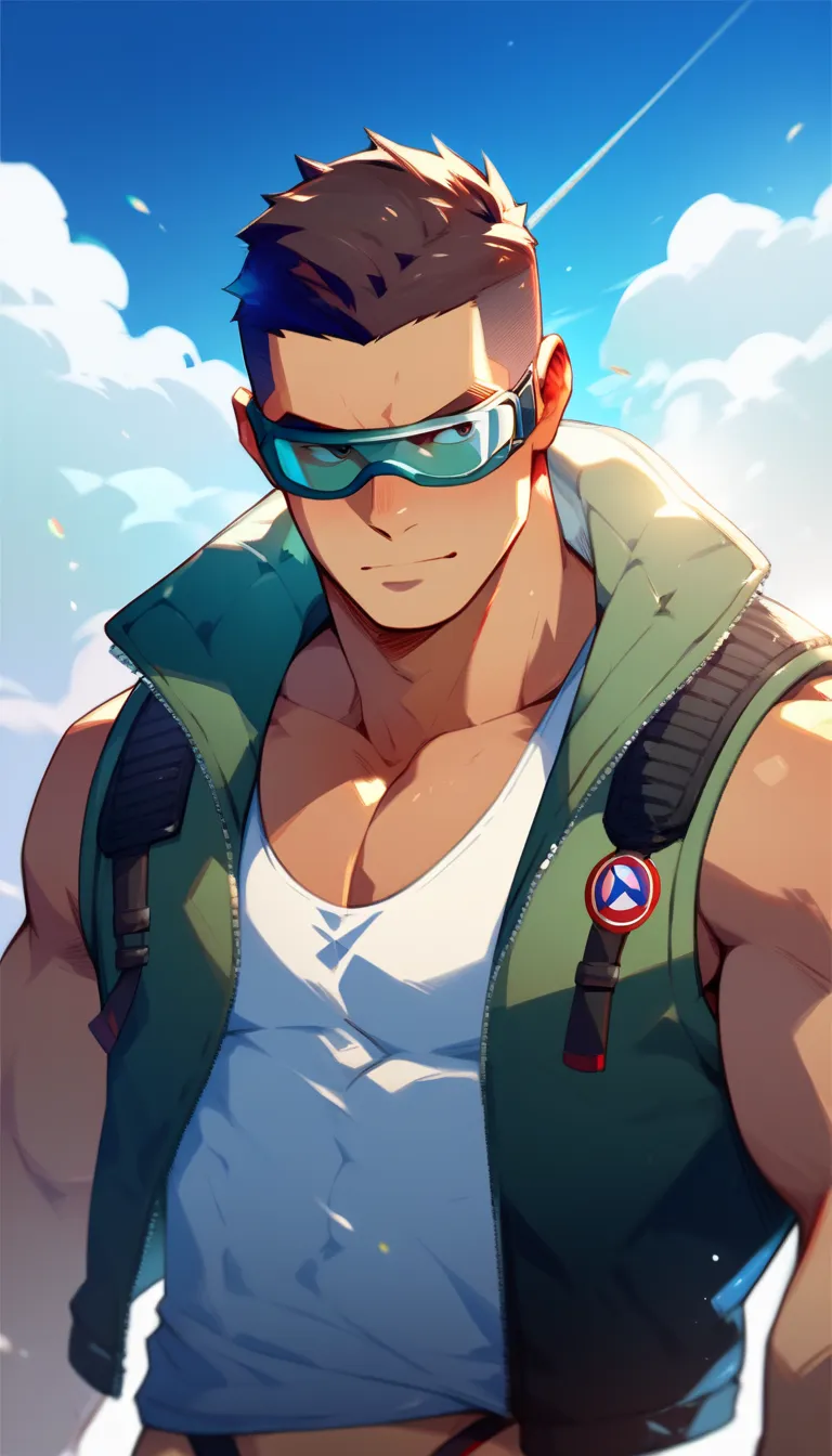  masterpiece, high quality,man,crew cut,dark tan,buzz cut,we have,pilot goggles,cleavage,pilot jackets ,tanktop, sommer,speedo