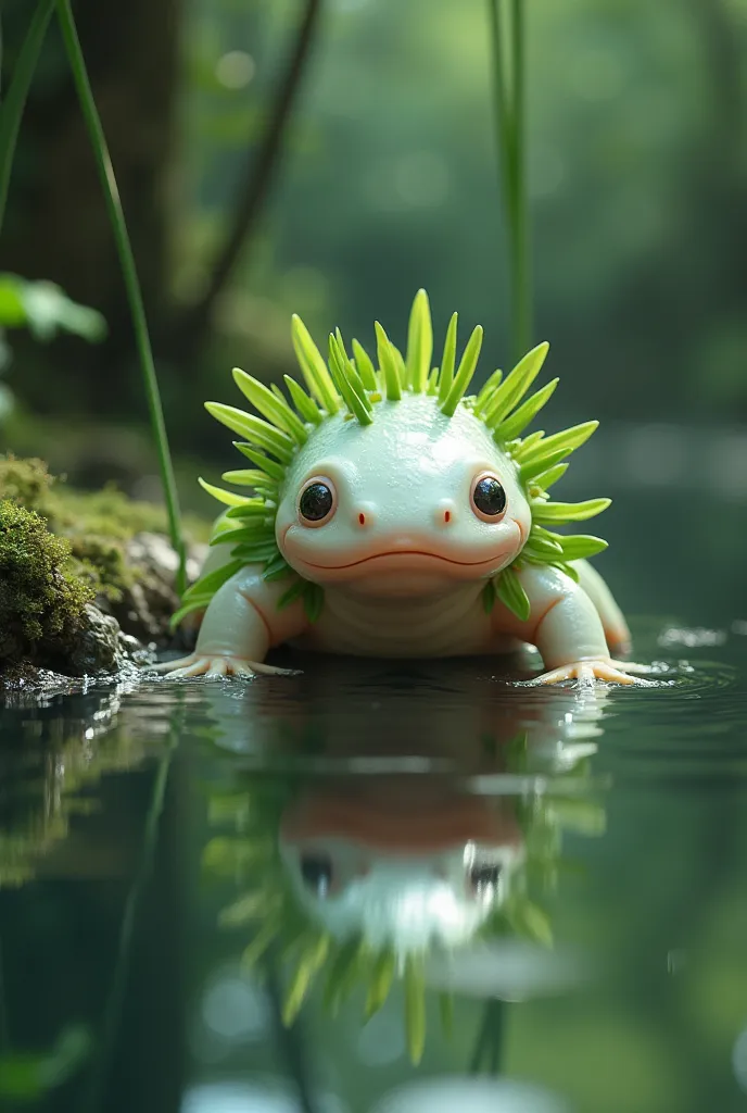 Generate an image of an axolotl seeing its reflection in the river using its layer made of a leaf 