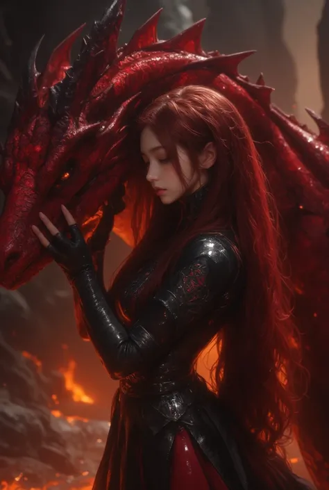 delicate image of a dragon rider, beautiful female, with red hair, wearing beautiful black warrior armor dress, she is standing and hug her red winged dragon's head, walm embrace, inside a dark cave, lava, dramatic lighting, cinematic color grading, dynami...